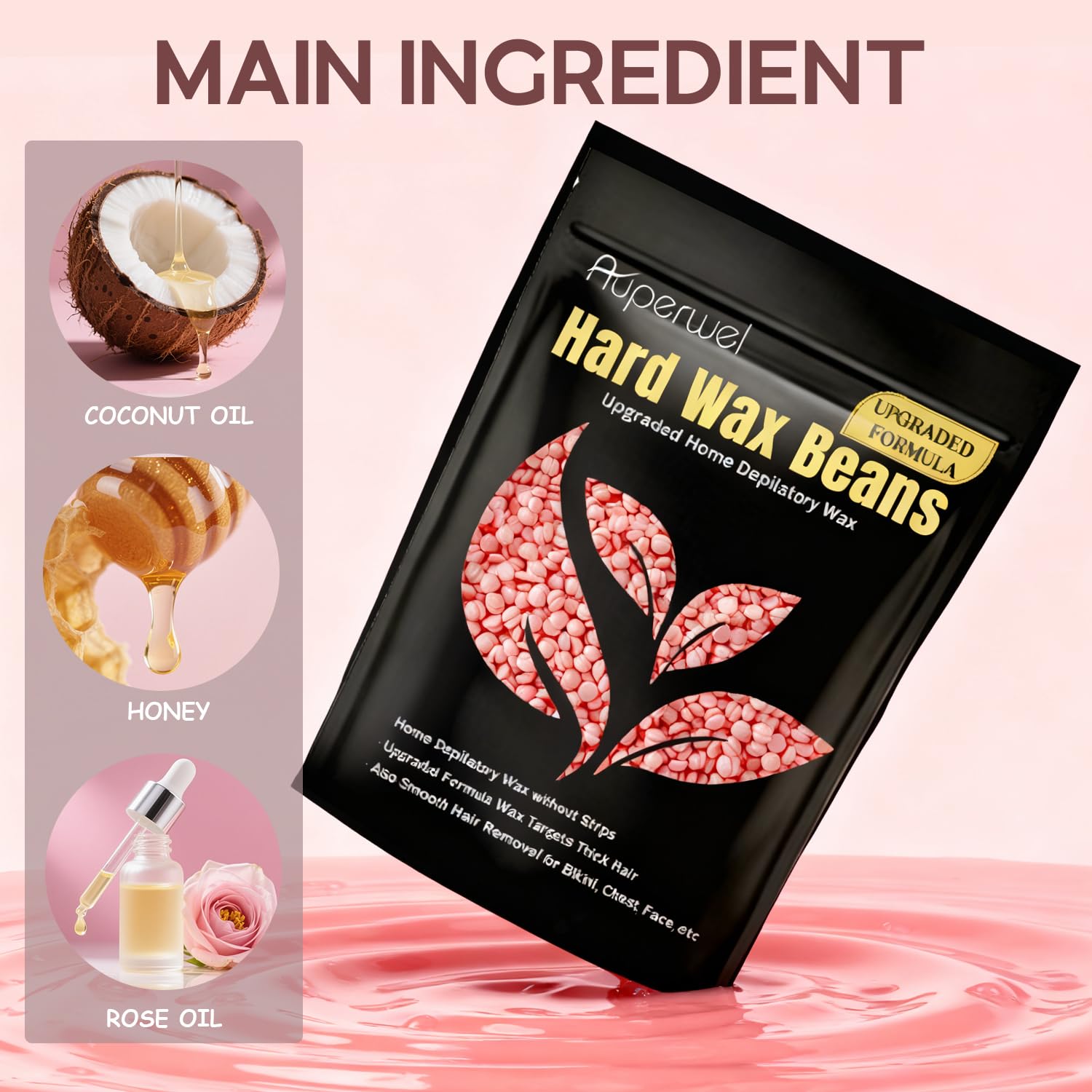 Painless Hard Wax Beans for Hair Removal, 10.5oz Upgraded Formula for Face, Eyebrow, Brazilian Bikini with 10 Applicators (3 Rose) - Image 6