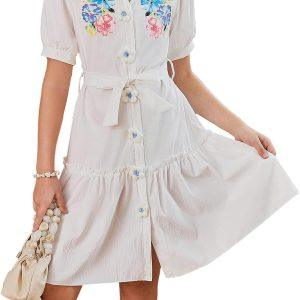 OYOANGLE Girl's Puff Sleeve Button Up Princess Dress Floral Ruffle Dress