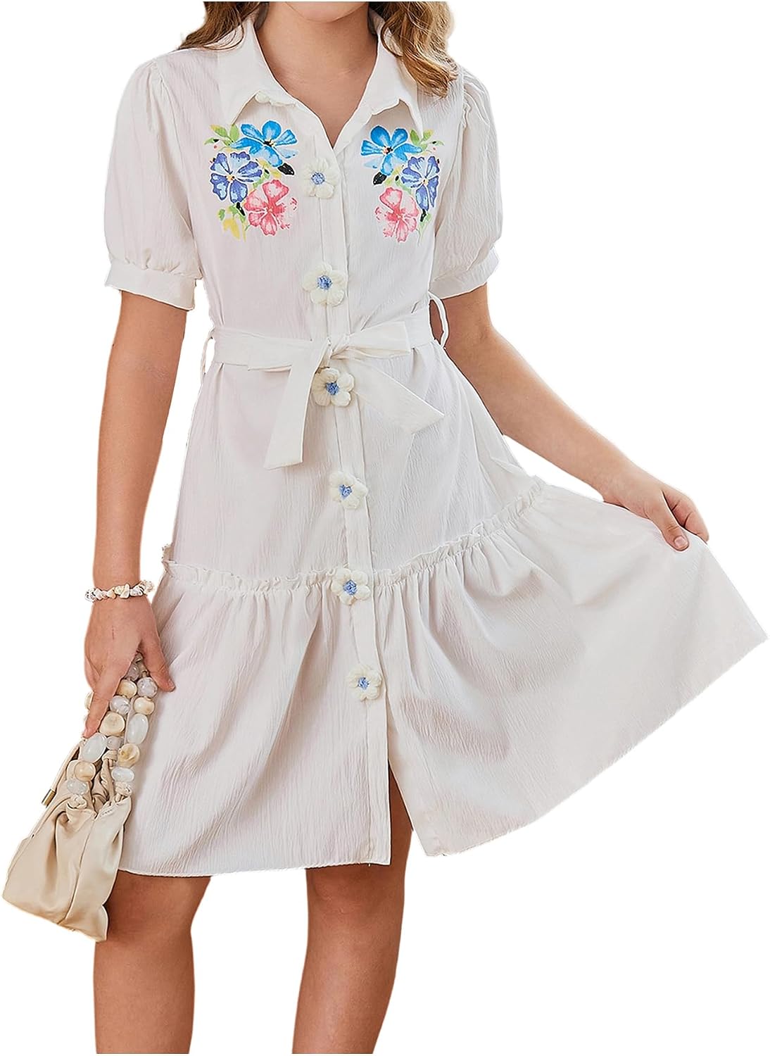 OYOANGLE Girl's Puff Sleeve Button Up Princess Dress Floral Ruffle Dress