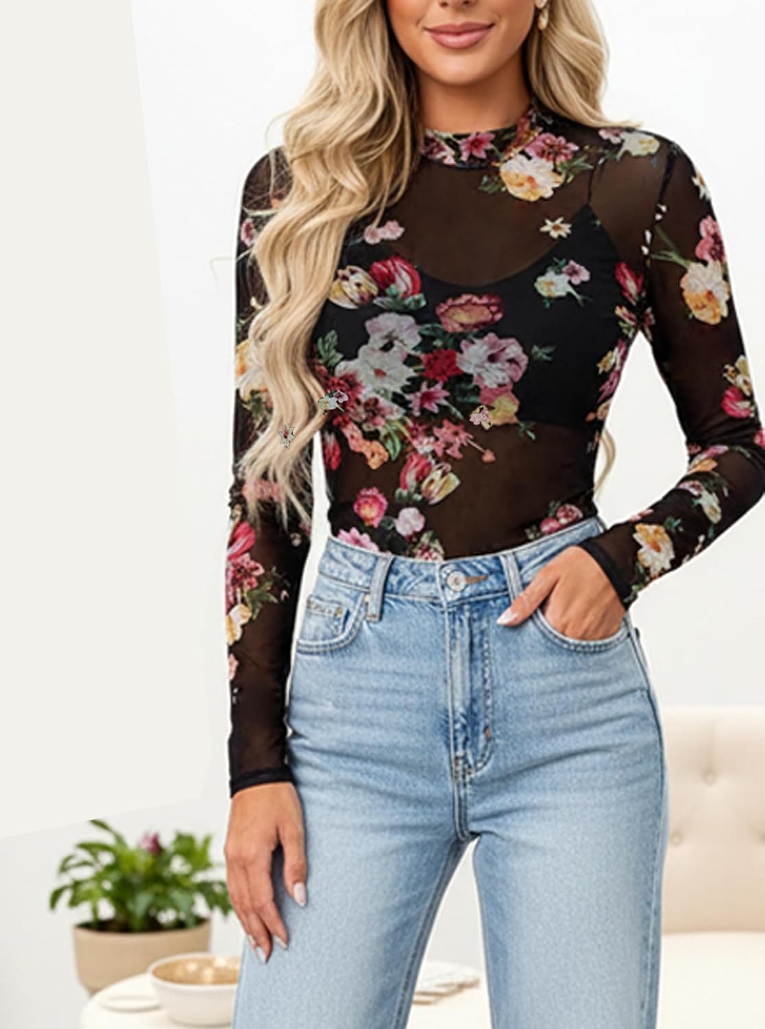 BemorRun Floral Mesh Long Sleeve Tops for Women Mock Neck See Through Fitted Sexy Going Out Top - Image 6