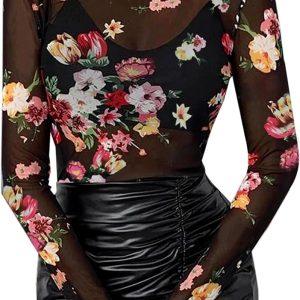 BemorRun Floral Mesh Long Sleeve Tops for Women Mock Neck See Through Fitted Sexy Going Out Top