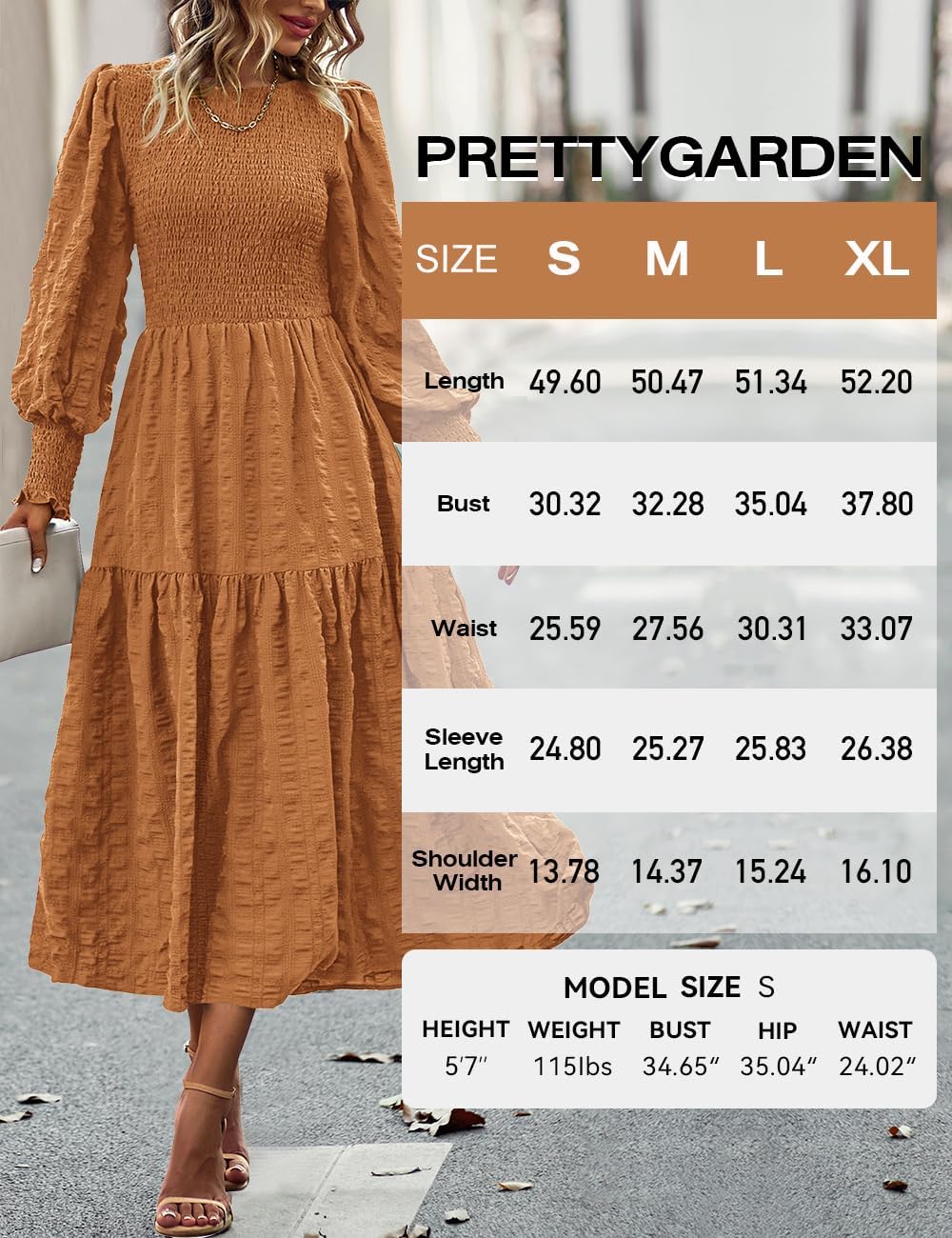 PRETTYGARDEN Women 2026 Spring Puff Long Sleeve Crewneck Smocked Maxi Dress Empire Waist Tiered A-line Swing Flowy Long Dress - Image 6