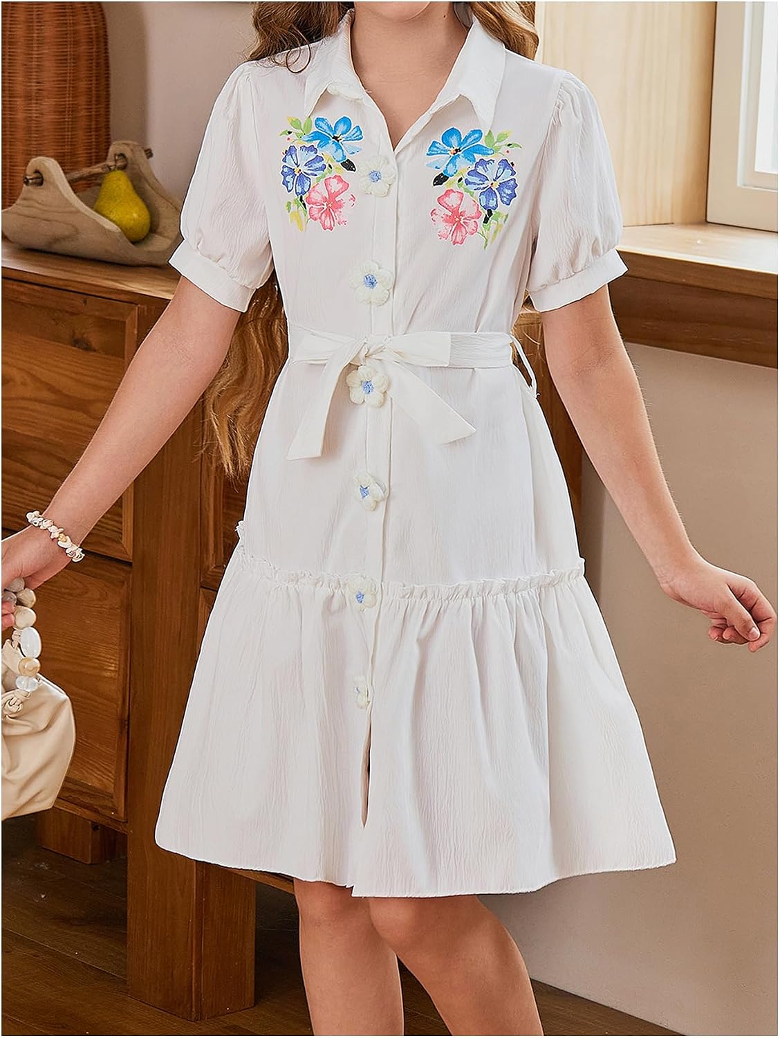 OYOANGLE Girl's Puff Sleeve Button Up Princess Dress Floral Ruffle Dress - Image 3