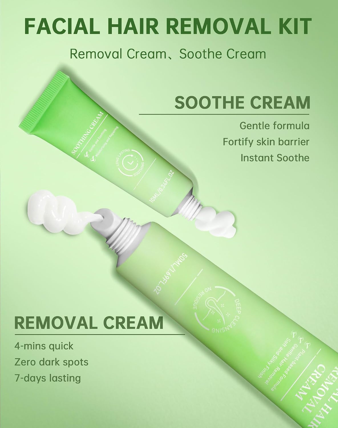 Painless Facial Hair Removal Cream for Women - Sensitive Skin 2-in-1 Kit with Soothing Cream | Upper Lip & Chin Hair Remover | At-Home Depilatory (4 Min, 7 Days Smooth),2.03 Fl Oz - Image 5