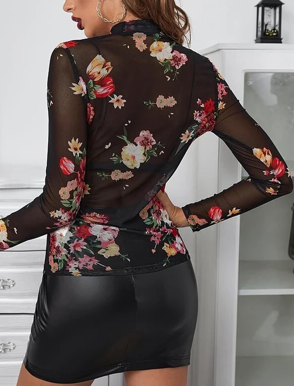 BemorRun Floral Mesh Long Sleeve Tops for Women Mock Neck See Through Fitted Sexy Going Out Top - Image 4