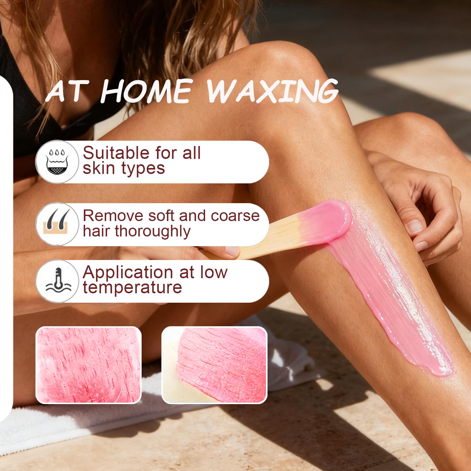 Painless Hard Wax Beans for Hair Removal, 10.5oz Upgraded Formula for Face, Eyebrow, Brazilian Bikini with 10 Applicators (3 Rose) - Image 5