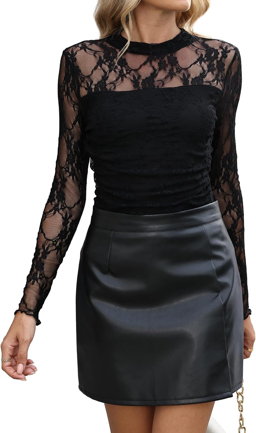 Womens Sexy Mesh Long Sleeve Shirts Fashion Clothing Turtle Necks Sheer Ruched Going Out Tops Fall Outfits Slim Fit Blouses