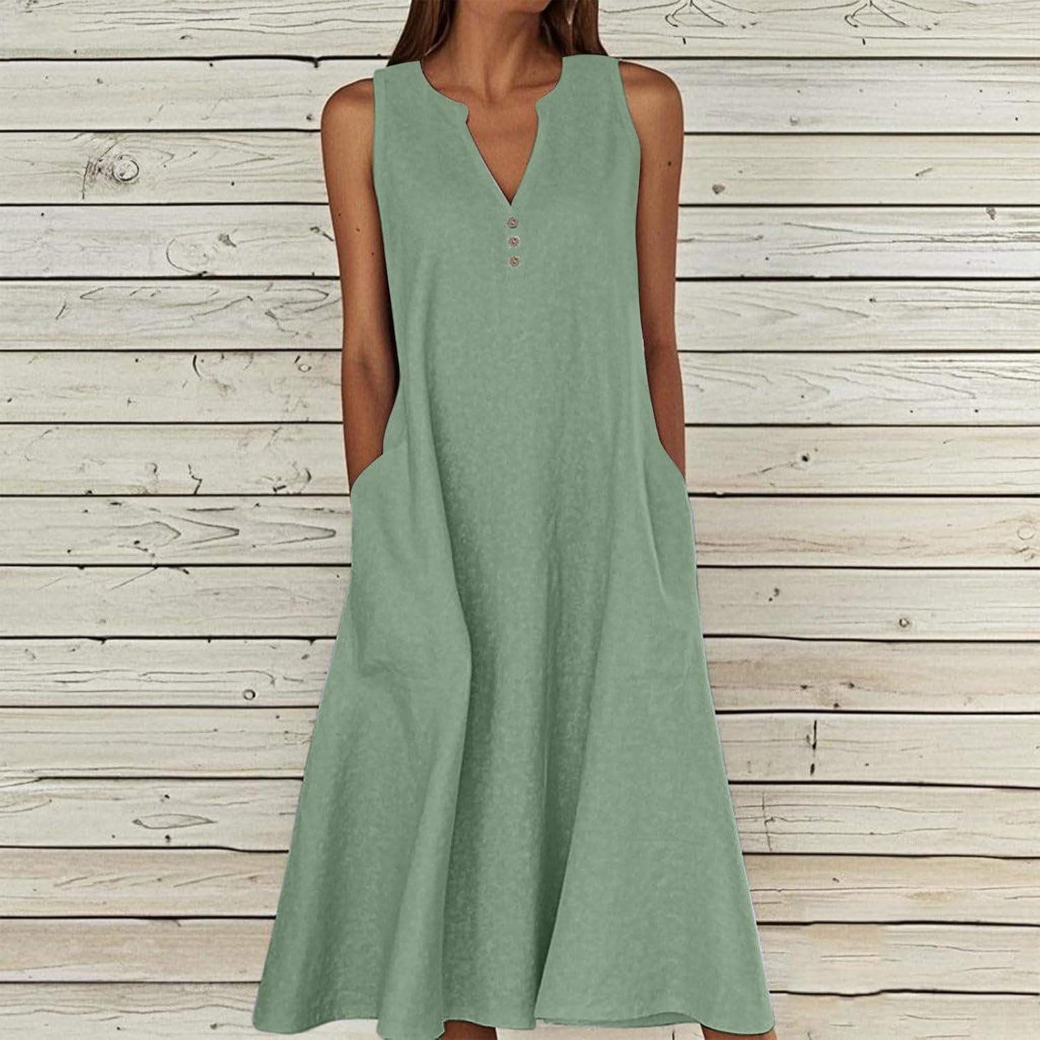 Midi Dresses for Women Summer V Neck Sleeveless Sun Dresses with Pockets, Cotton Linen Dresses - Image 2