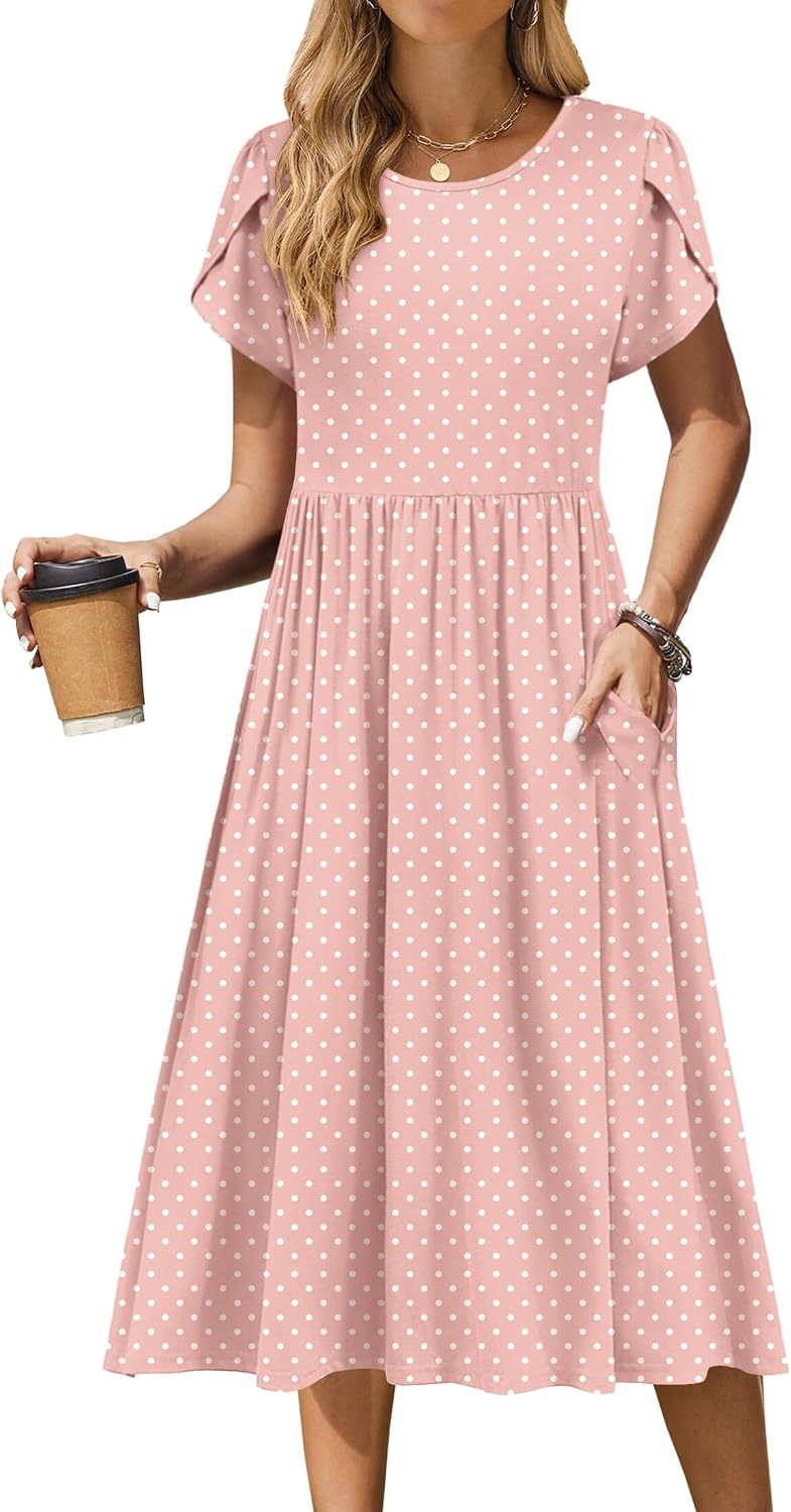 Zeagoo Womens Summer Dresses Casual Aline Midi Dress Short Sleeve Floral Tshirt Dress Flowy Beach Sundresses with Pockets