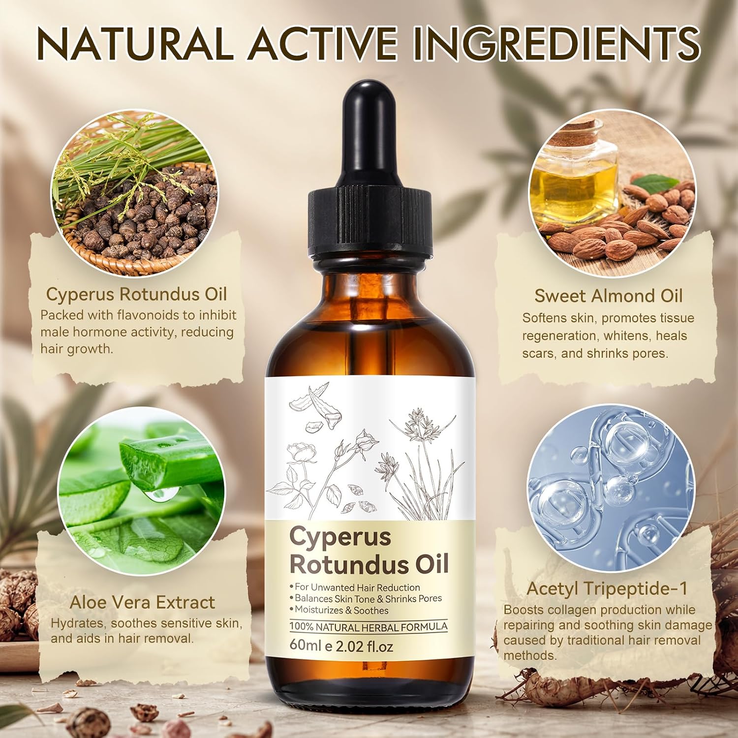 2 Pack Cyperus Rotundus Oil, Natural for Reducing Body Hair Growth, Cyperus Rotundus Oil for Hair Removal, Reduces Unwanted Hair Growth, Reducing Body Hair Growth, Shrink Pores - Image 2