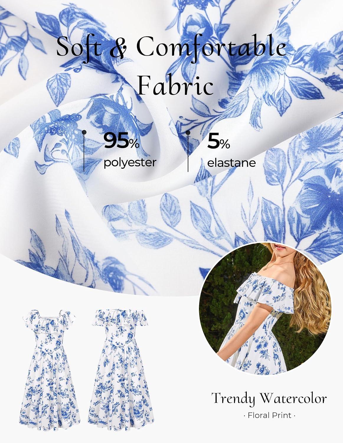 GRACE KARIN Girls Floral Dress Summer Midi Dress Off Shoulder Ruffle Spring Long Dresses - Image 5