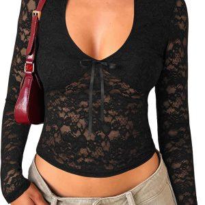 Matunana Womens Long Sleeve Going Out Tops Lace Mesh Sexy Cute Y2K Shirts