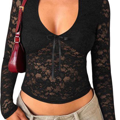 Matunana Womens Long Sleeve Going Out Tops Lace Mesh Sexy Cute Y2K Shirts
