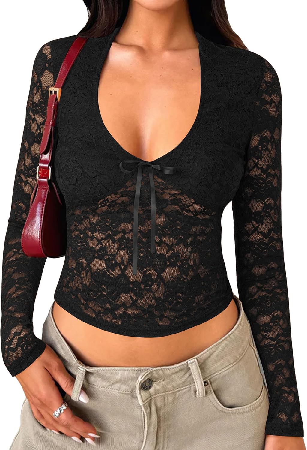 Matunana Womens Long Sleeve Going Out Tops Lace Mesh Sexy Cute Y2K Shirts