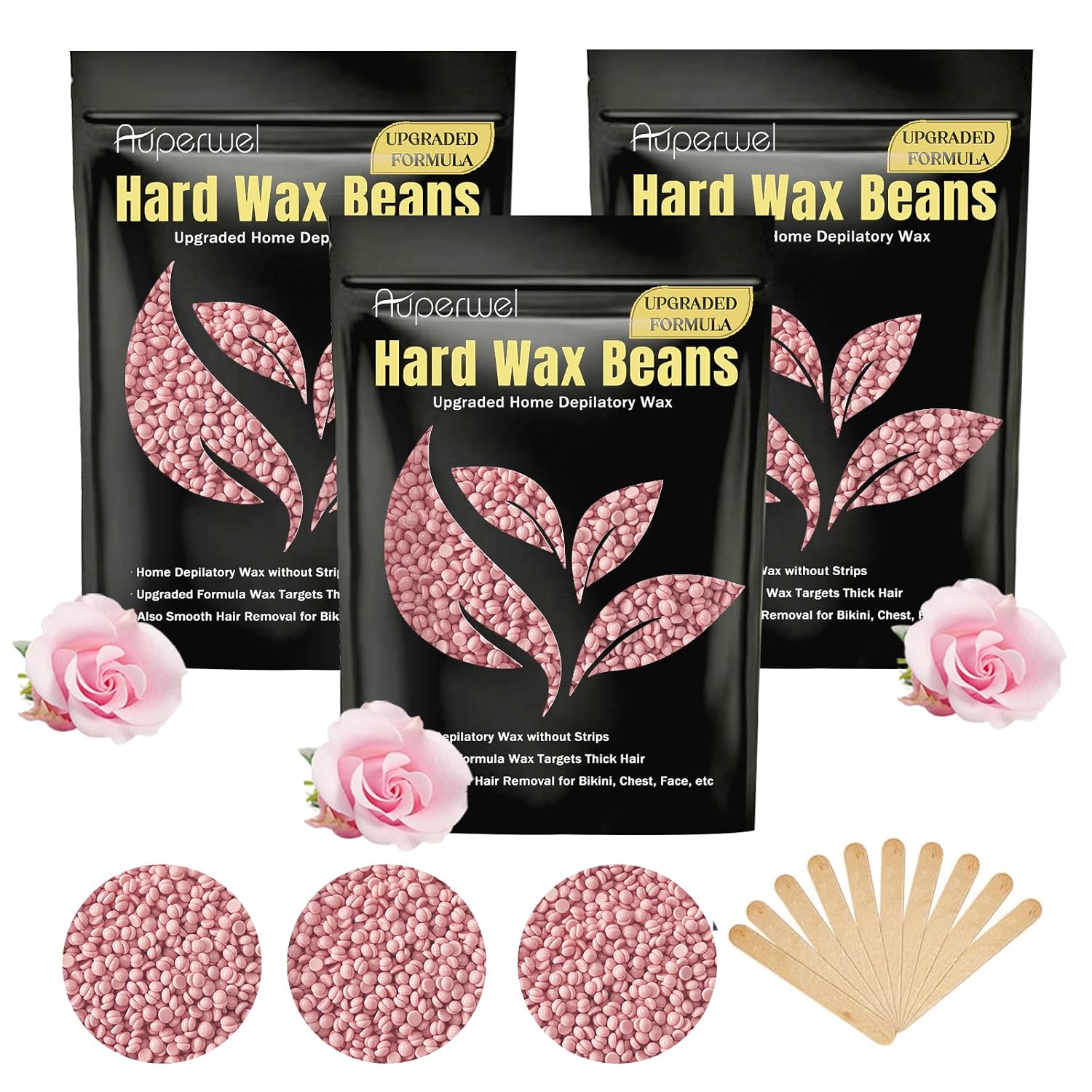 Painless Hard Wax Beans for Hair Removal, 10.5oz Upgraded Formula for Face, Eyebrow, Brazilian Bikini with 10 Applicators (3 Rose)