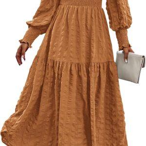 PRETTYGARDEN Women 2026 Spring Puff Long Sleeve Crewneck Smocked Maxi Dress Empire Waist Tiered A-line Swing Flowy Long Dress