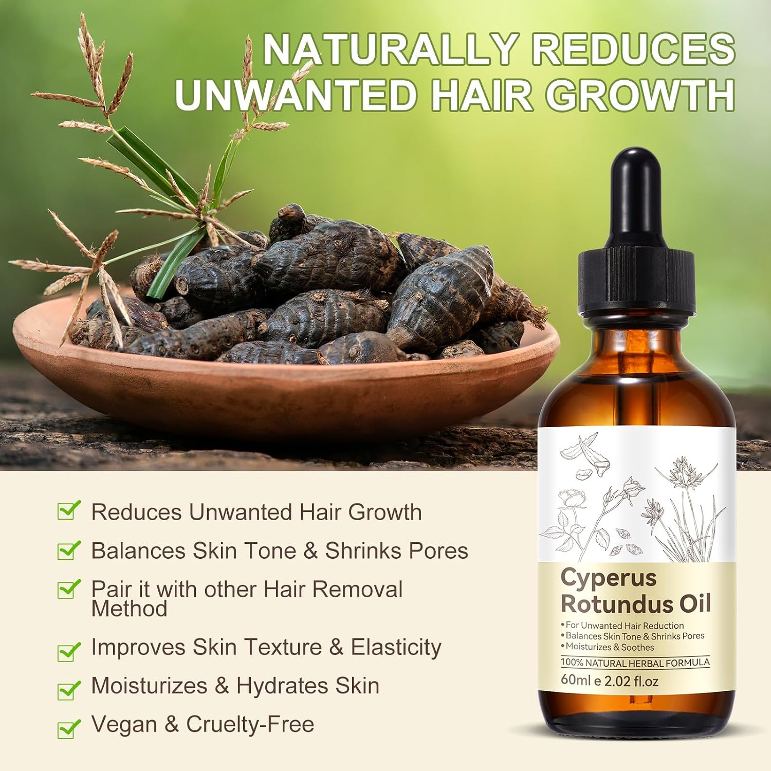 2 Pack Cyperus Rotundus Oil, Natural for Reducing Body Hair Growth, Cyperus Rotundus Oil for Hair Removal, Reduces Unwanted Hair Growth, Reducing Body Hair Growth, Shrink Pores - Image 4