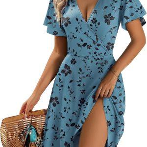 Zeagoo Womens Summer Dresses Wrap V Neck Dress Floral A-Line Ruffle Sleeve Casual Sundress with Pockets 2026
