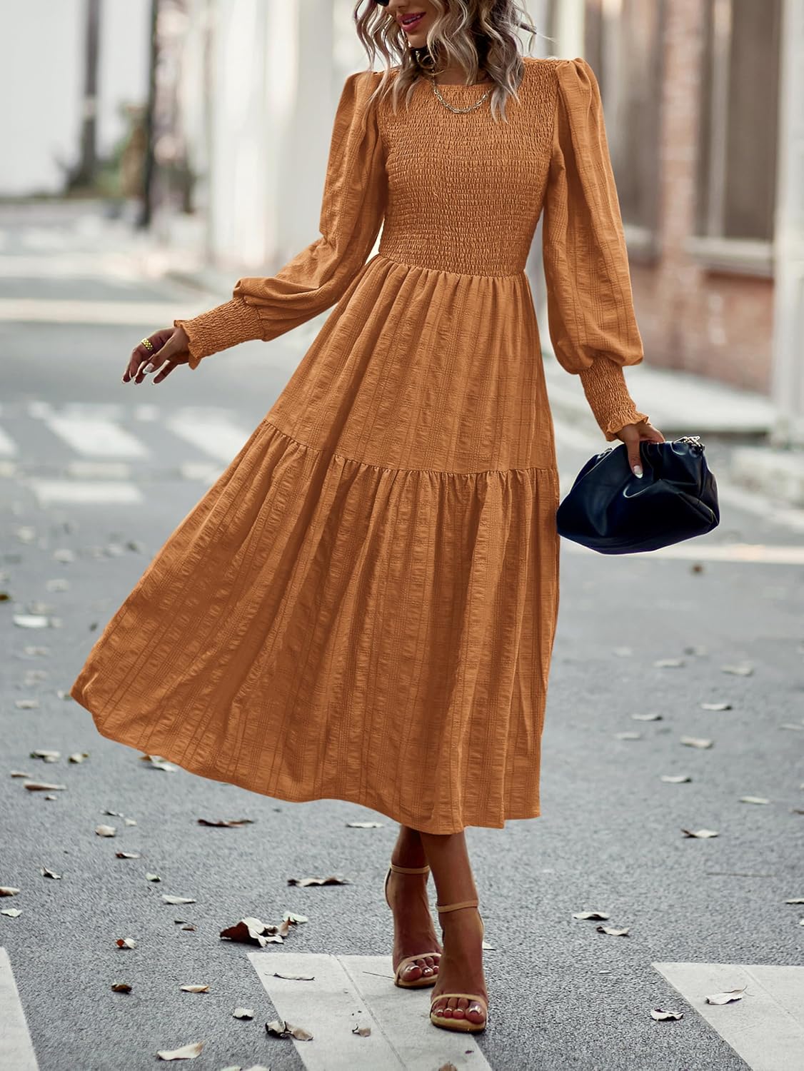 PRETTYGARDEN Women 2026 Spring Puff Long Sleeve Crewneck Smocked Maxi Dress Empire Waist Tiered A-line Swing Flowy Long Dress - Image 2
