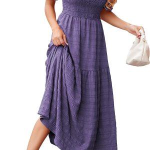 dowerme Womens Puff Sleeve Smocked Ruffle Maxi Dress