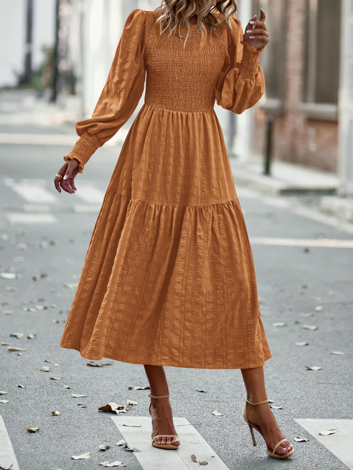 PRETTYGARDEN Women 2026 Spring Puff Long Sleeve Crewneck Smocked Maxi Dress Empire Waist Tiered A-line Swing Flowy Long Dress - Image 3