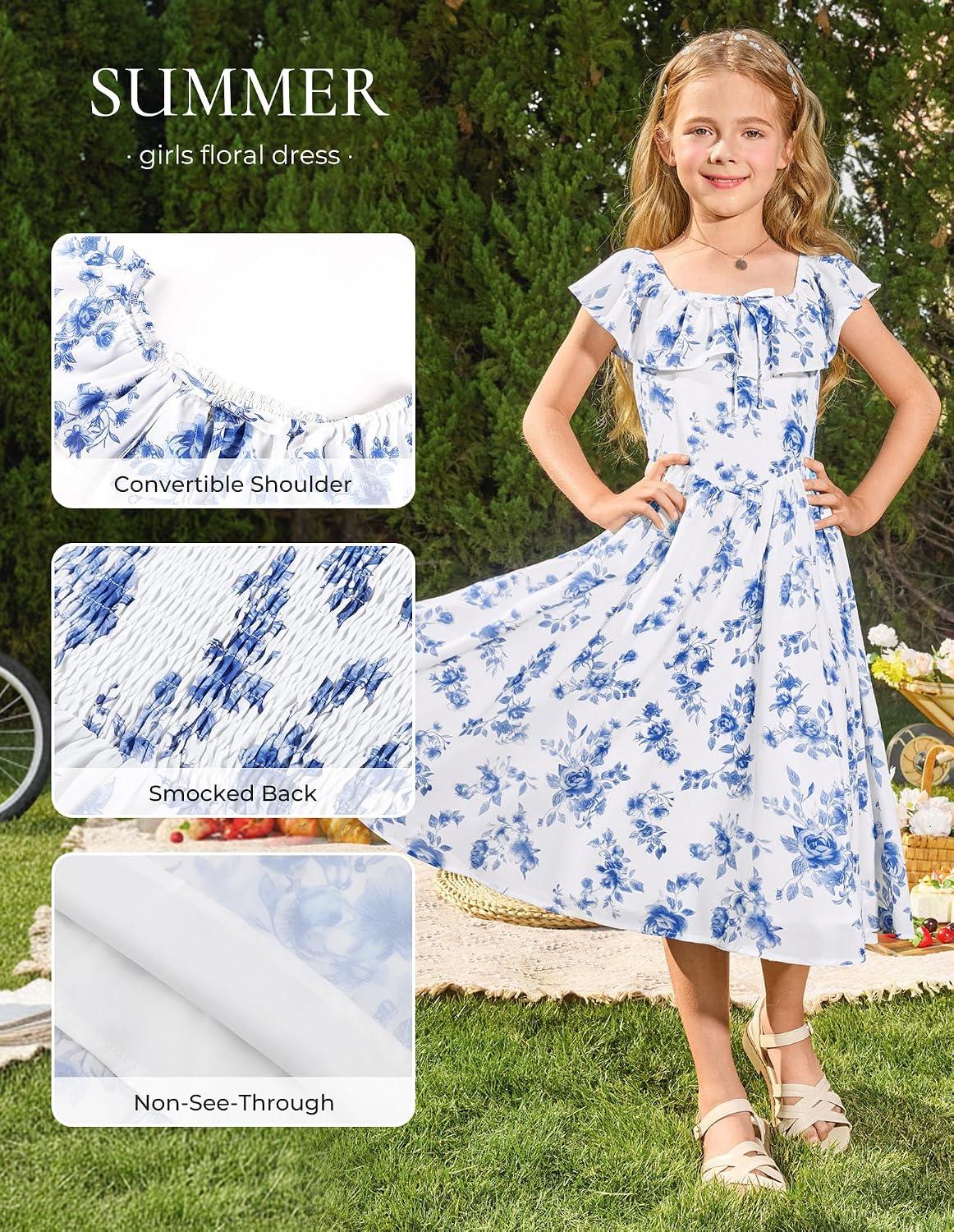 GRACE KARIN Girls Floral Dress Summer Midi Dress Off Shoulder Ruffle Spring Long Dresses - Image 4