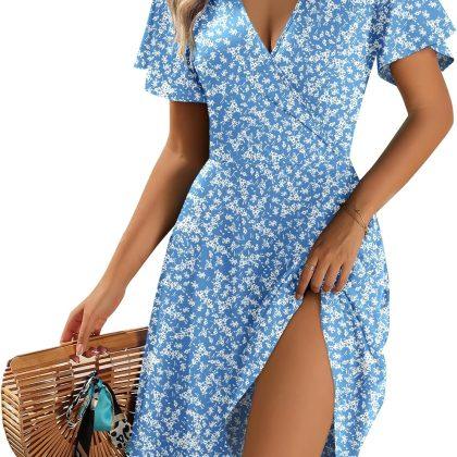 Zeagoo Womens Summer Dresses Wrap V Neck Dress Floral A-Line Ruffle Sleeve Casual Sundress with Pockets 2026