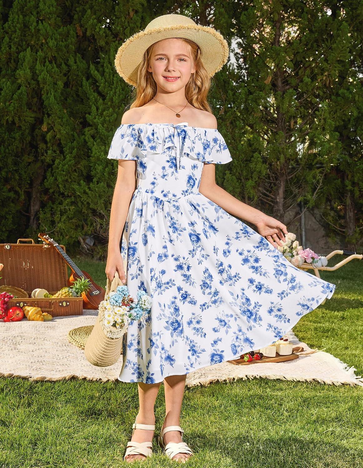 GRACE KARIN Girls Floral Dress Summer Midi Dress Off Shoulder Ruffle Spring Long Dresses - Image 3