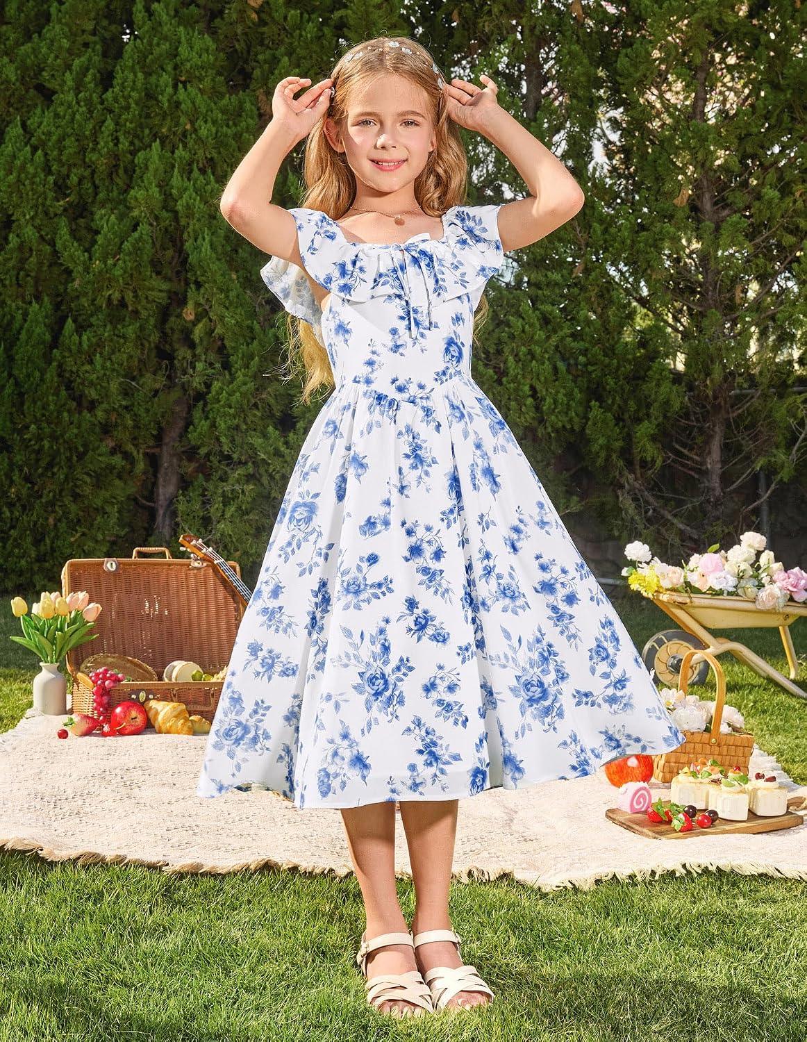 GRACE KARIN Girls Floral Dress Summer Midi Dress Off Shoulder Ruffle Spring Long Dresses - Image 6